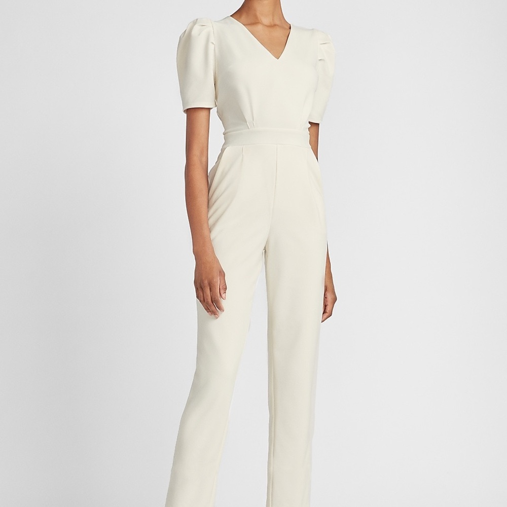 White Puff Sleeve V-Neck Jumpsuit